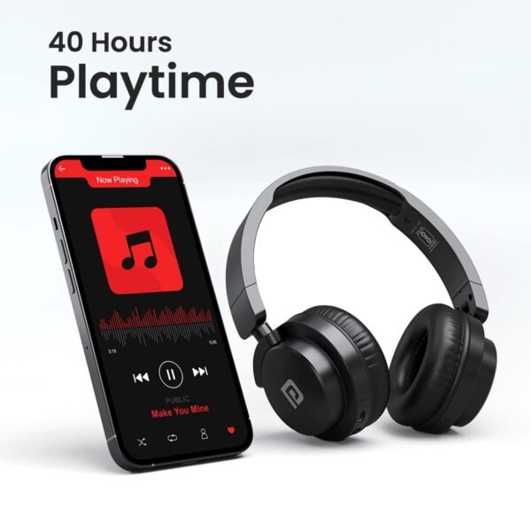 Portronics Muffs M2 Bluetooth Headphones Over Ear with Upto 40 Hrs Playtime, 40mm Dynamic Drivers, AUX 3.5mm, Powerful Bass, Laptop & PC Support,Type C Charging Port, Foldable Design(Black))
