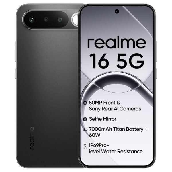 realme 16 5G Smartphone 12+256GB, Battery 7000mAh, Front Camera 120Hz AMOLED Display, MediaTek Dimensity 6400 Turbo Processor, IP69, Air Black
